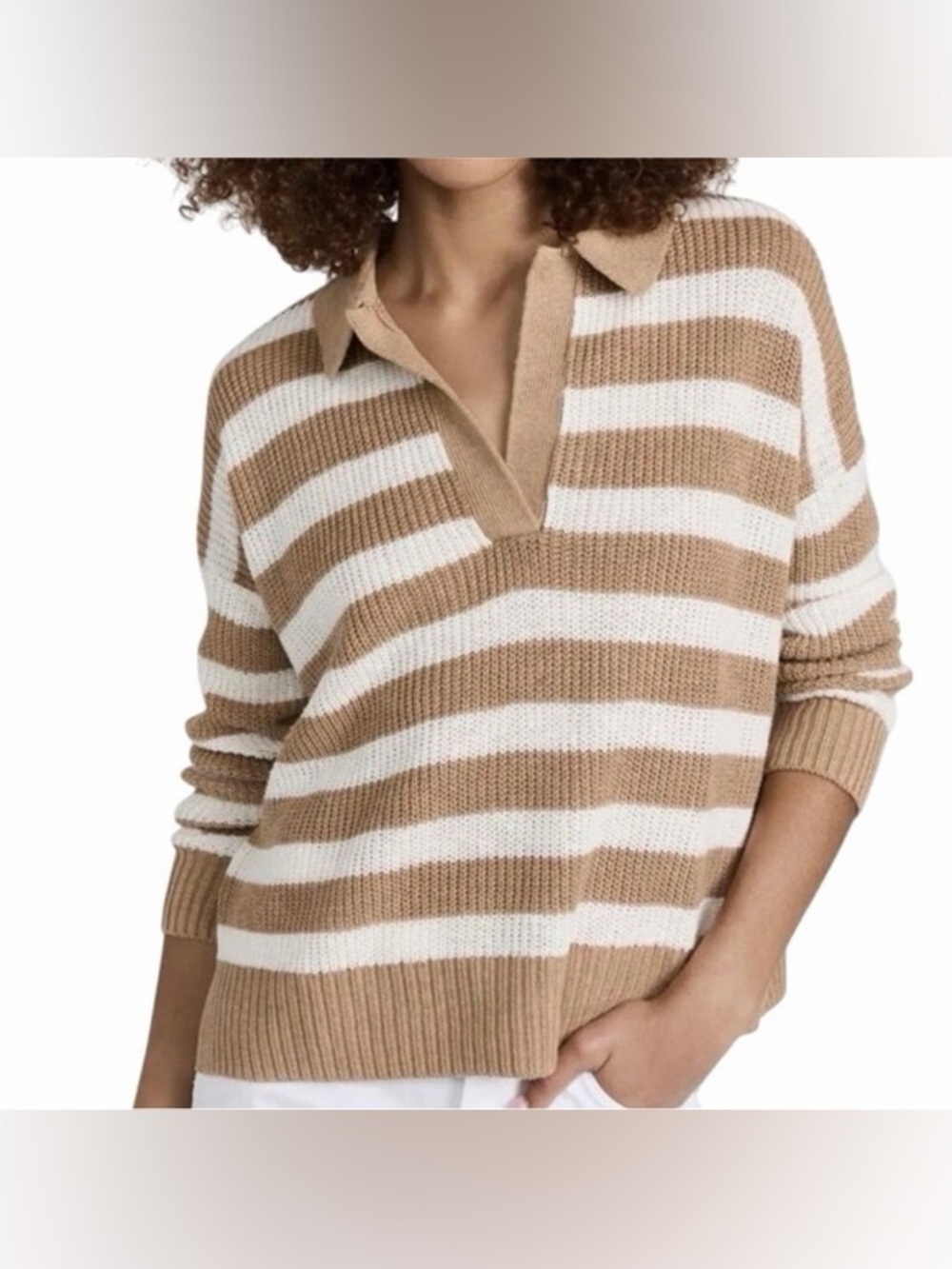 Faherty Miramar Linen Sweater Polo Cropped Brown/White Stripe Extra Small